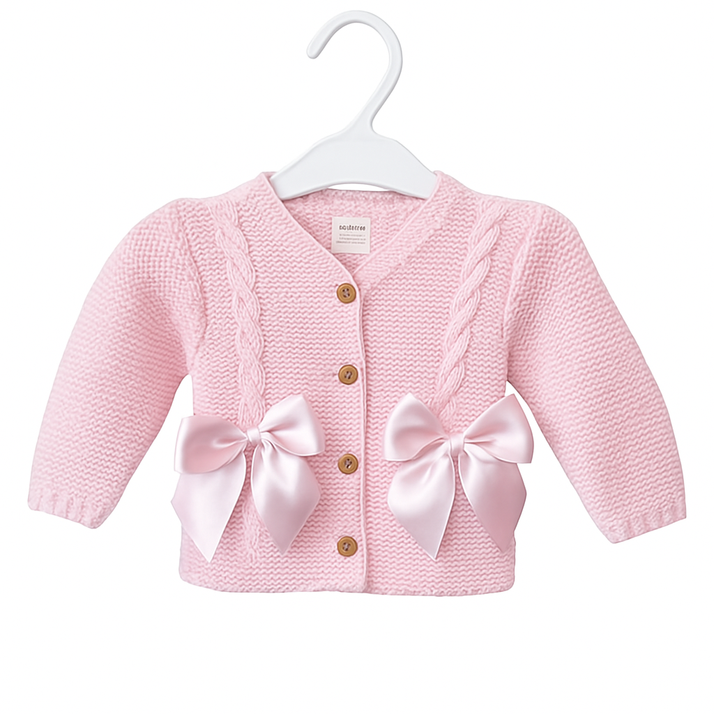 Baby Pink Knitted Cardigan with Bows | Soft Button-Up Baby Jumper