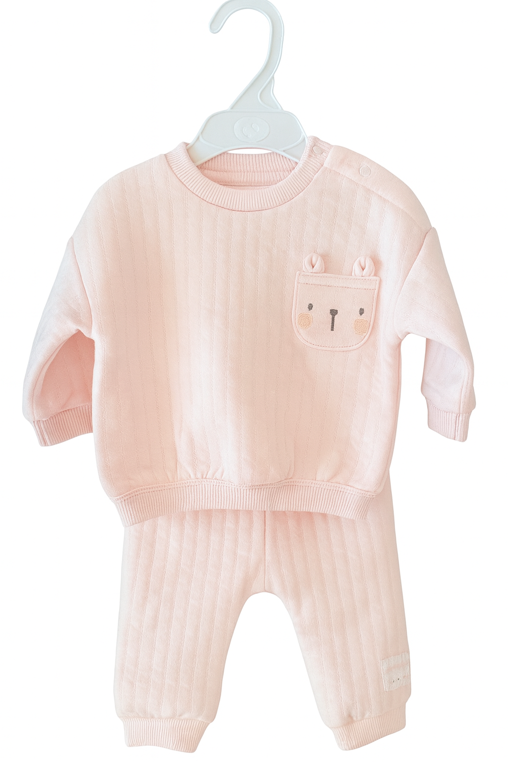 Baby Pink Quilted Lounge Set | Soft Two-Piece Outfit with Bear Pocket