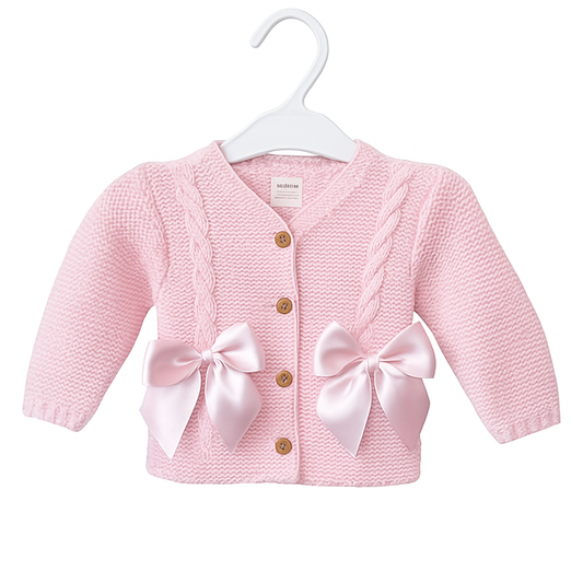 Baby Pink Knitted Cardigan with Bows | Soft Button-Up Baby Jumper