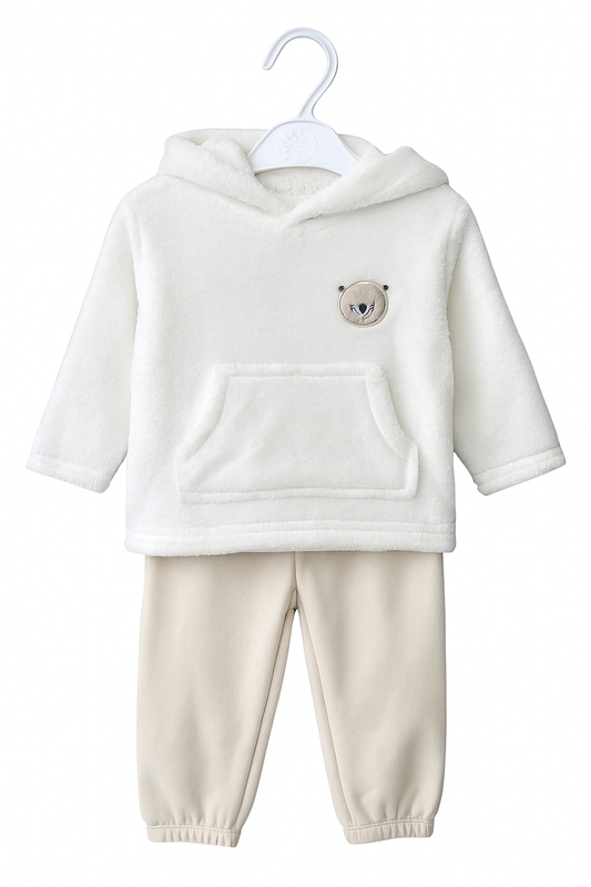 Baby Teddy Bear Tracksuit | Soft Hooded Two-Piece Outfit in Cream & Beige